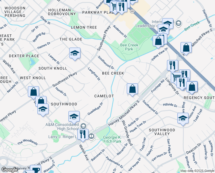 map of restaurants, bars, coffee shops, grocery stores, and more near 1909 Langford Street in College Station