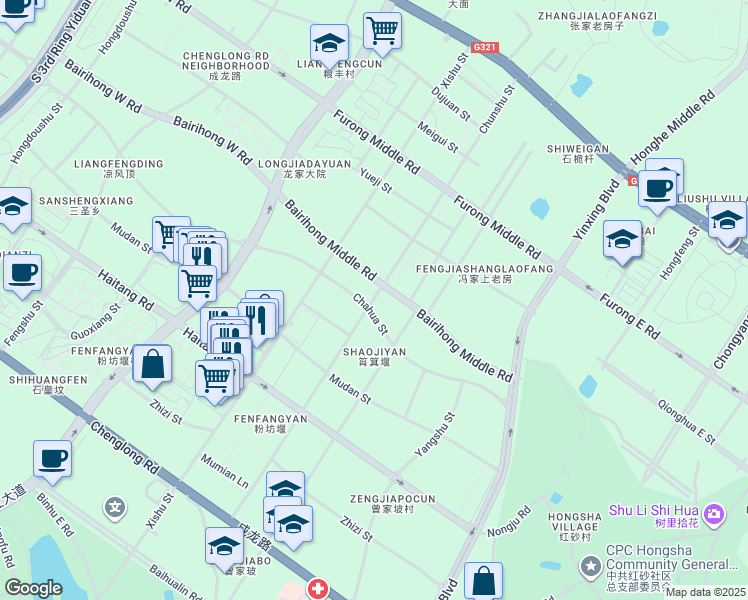 map of restaurants, bars, coffee shops, grocery stores, and more near Chun Shu Jie in Cheng Du Shi