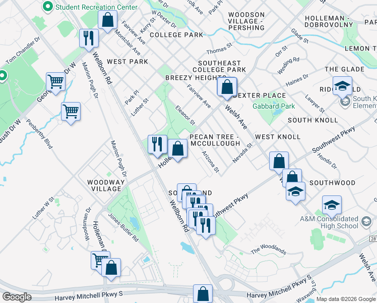 map of restaurants, bars, coffee shops, grocery stores, and more near 1106 Oney Hervey Drive in College Station