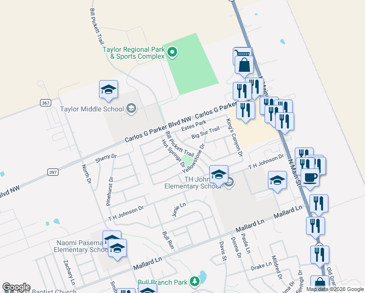 map of restaurants, bars, coffee shops, grocery stores, and more near 4301 Big Bend Trail in Taylor