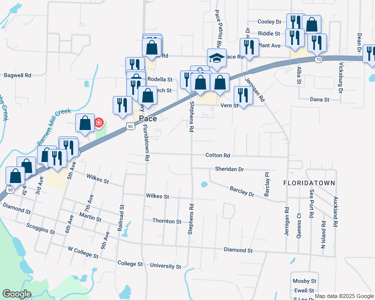 map of restaurants, bars, coffee shops, grocery stores, and more near 3996 Cotton Road in Pace
