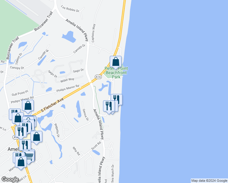 map of restaurants, bars, coffee shops, grocery stores, and more near 4658 Carlton Dunes Drive in Fernandina Beach