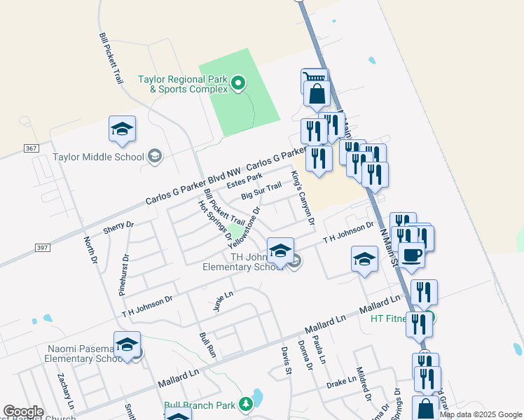 map of restaurants, bars, coffee shops, grocery stores, and more near 615 Glacier Point Trail in Taylor