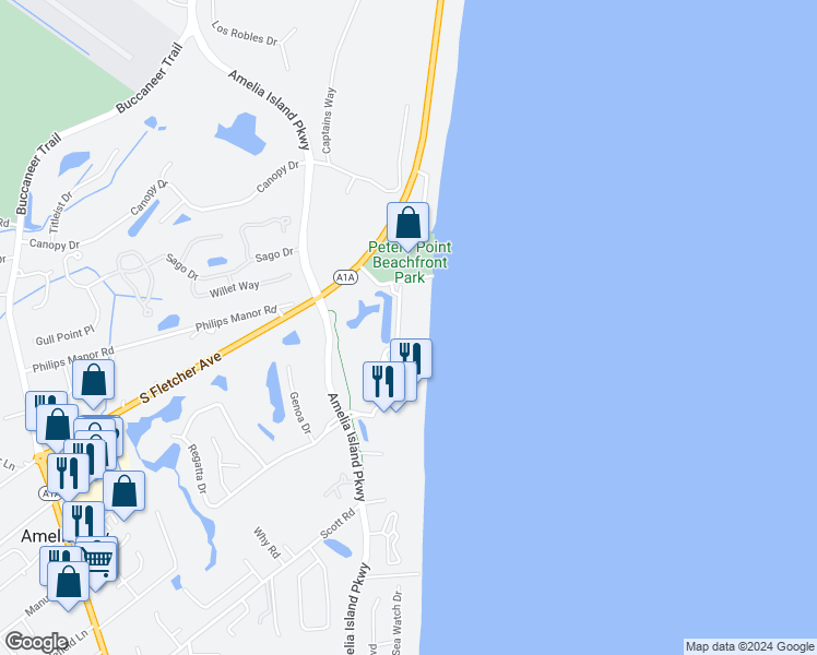 map of restaurants, bars, coffee shops, grocery stores, and more near 4658 Carlton Dunes Drive in Fernandina Beach
