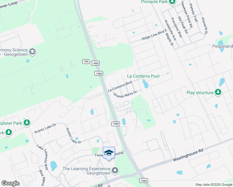 map of restaurants, bars, coffee shops, grocery stores, and more near 1326 Grande Mesa Drive in Georgetown