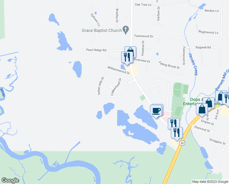 map of restaurants, bars, coffee shops, grocery stores, and more near 4384 Copperhead Drive in Milton