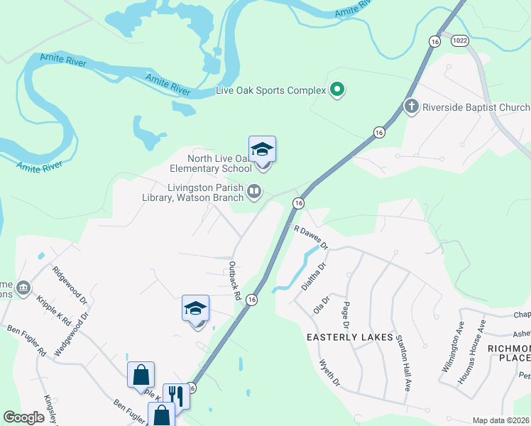 map of restaurants, bars, coffee shops, grocery stores, and more near 36530 Outback Road in Denham Springs