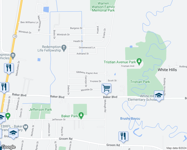 map of restaurants, bars, coffee shops, grocery stores, and more near 4550 Gibbens Payne Avenue in Baker