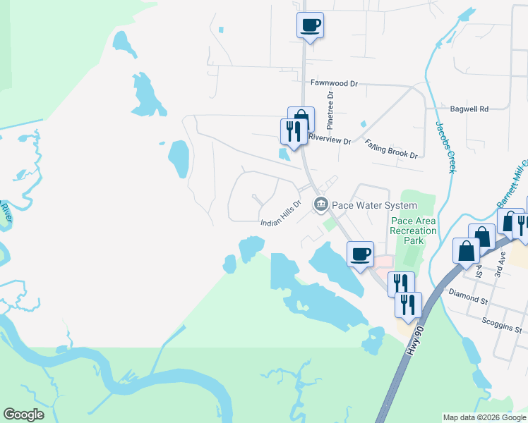 map of restaurants, bars, coffee shops, grocery stores, and more near 4384 Copperhead Drive in Pace
