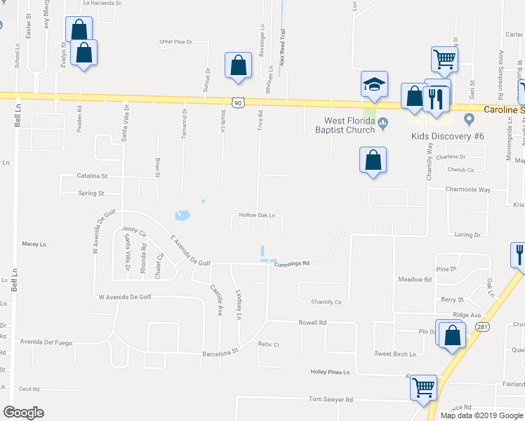 map of restaurants, bars, coffee shops, grocery stores, and more near 5454 Hollow Oak Lane in Pace
