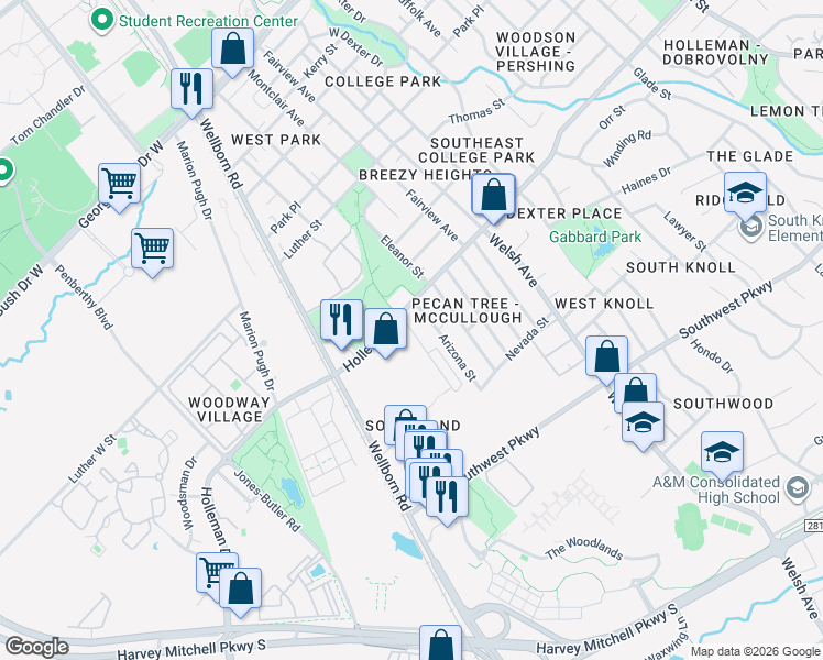 map of restaurants, bars, coffee shops, grocery stores, and more near 1106 Oney Hervey Drive in College Station