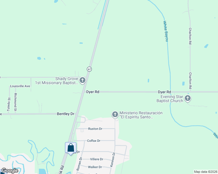 map of restaurants, bars, coffee shops, grocery stores, and more near 7213 Dyer Road in Baker