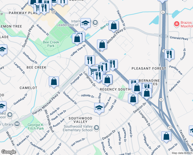 map of restaurants, bars, coffee shops, grocery stores, and more near 2205 Longmire Dr in College Station