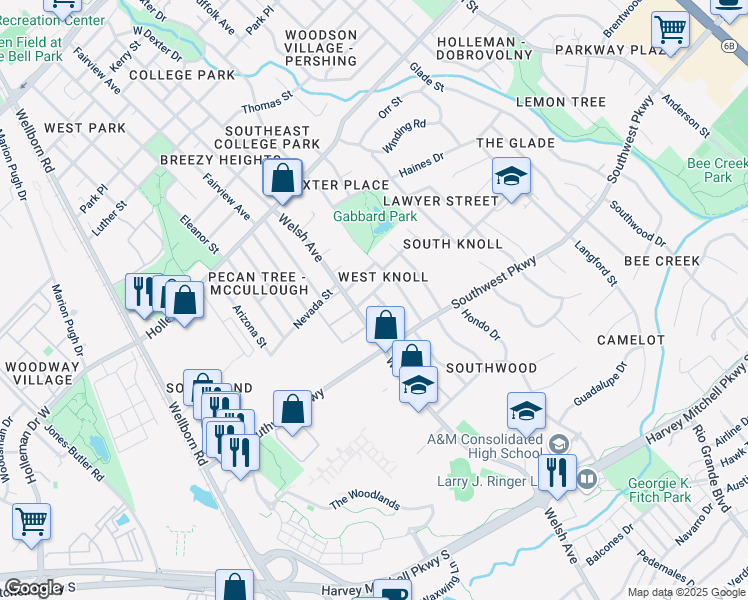 map of restaurants, bars, coffee shops, grocery stores, and more near 706 Llano Place in College Station