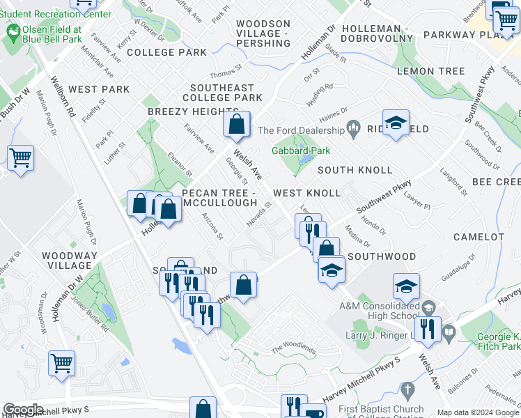 map of restaurants, bars, coffee shops, grocery stores, and more near 1230 Georgia Street in College Station