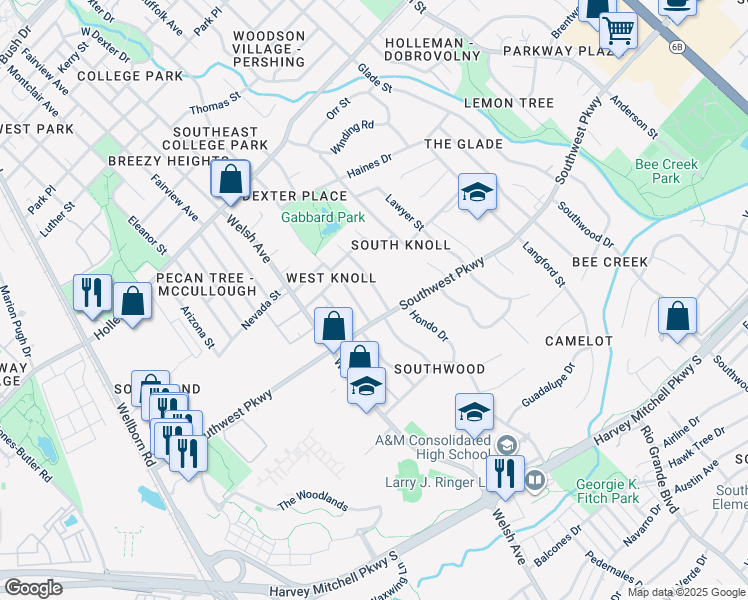 map of restaurants, bars, coffee shops, grocery stores, and more near 1706 Medina Drive in College Station