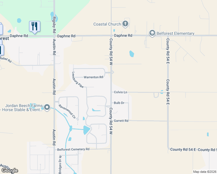 map of restaurants, bars, coffee shops, grocery stores, and more near 25543 County Road 54 West in Daphne
