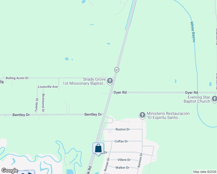 map of restaurants, bars, coffee shops, grocery stores, and more near 16443 Plank Road in Baker