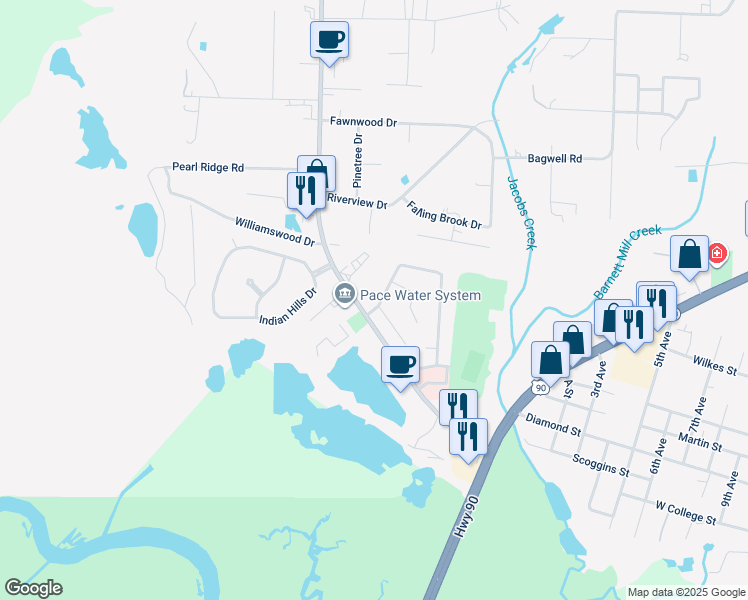 map of restaurants, bars, coffee shops, grocery stores, and more near 4424 Bayou Ridge Drive in Pace