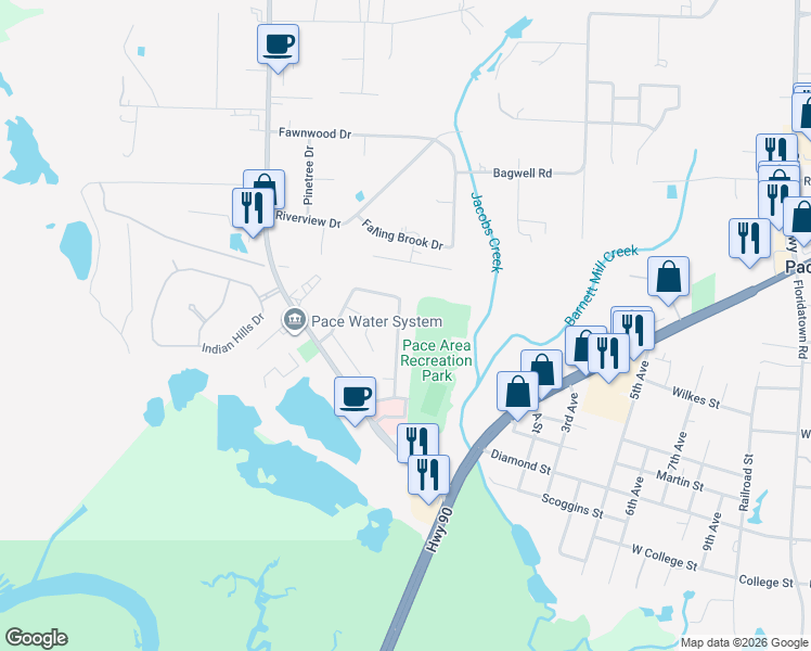map of restaurants, bars, coffee shops, grocery stores, and more near 4344 Bayou Ridge Drive in Pace
