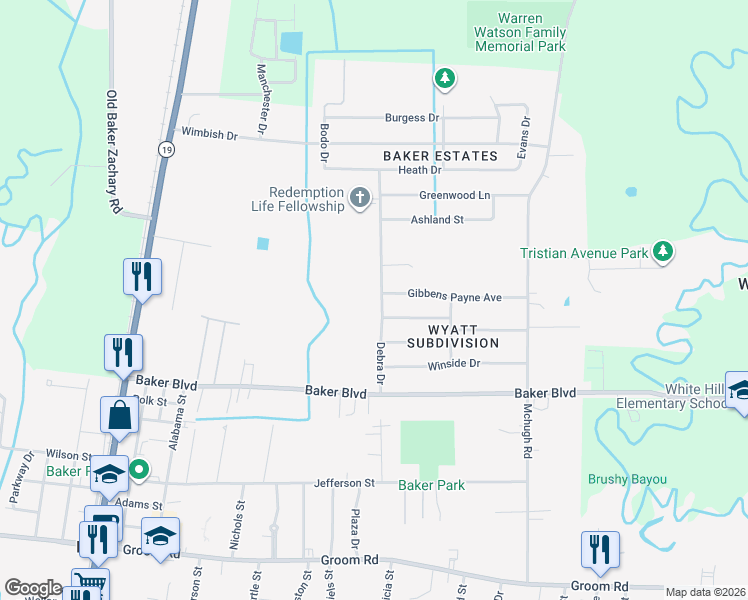 map of restaurants, bars, coffee shops, grocery stores, and more near 2105 Debra Drive in Baker