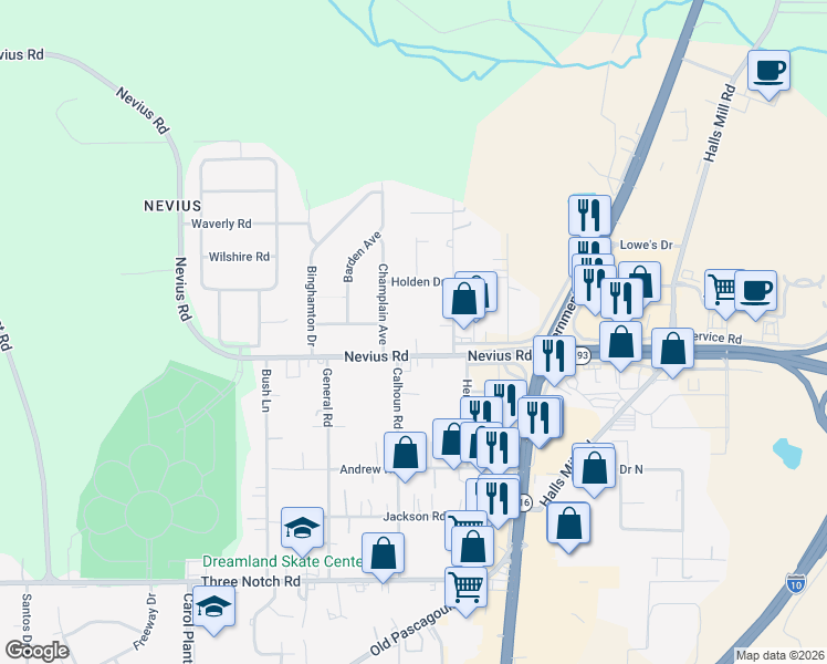 map of restaurants, bars, coffee shops, grocery stores, and more near 5662 Nevius Road in Mobile