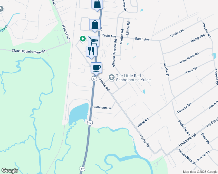 map of restaurants, bars, coffee shops, grocery stores, and more near 85245 Harts Road in Yulee