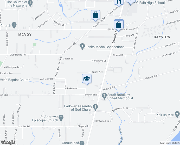 map of restaurants, bars, coffee shops, grocery stores, and more near 1705 Sigler Avenue in Mobile