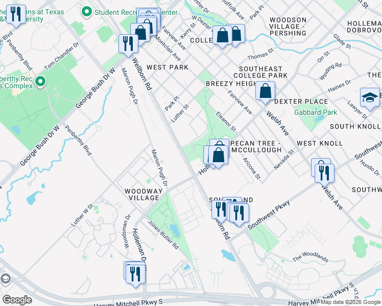 map of restaurants, bars, coffee shops, grocery stores, and more near 801 Wellborn Road in College Station