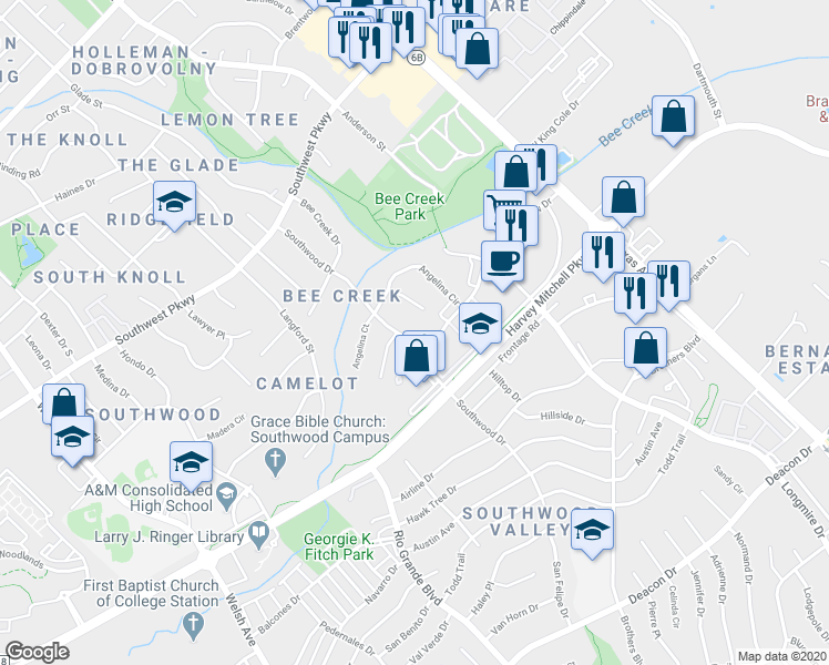 map of restaurants, bars, coffee shops, grocery stores, and more near 2013 Southwood Drive in College Station