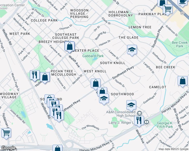 map of restaurants, bars, coffee shops, grocery stores, and more near 706 Llano Place in College Station