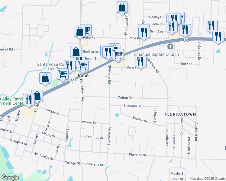 map of restaurants, bars, coffee shops, grocery stores, and more near 3996 Cotton Road in Pace