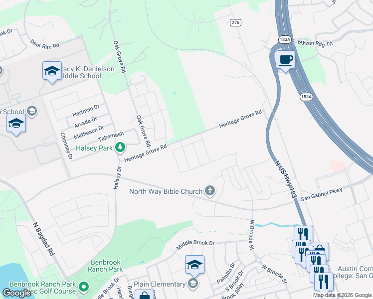 map of restaurants, bars, coffee shops, grocery stores, and more near 555-1093 Heritage Grove Rd in Leander