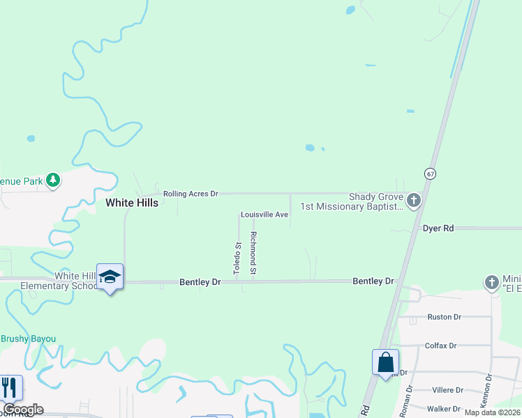 map of restaurants, bars, coffee shops, grocery stores, and more near 5736 Louisville Avenue in Baker