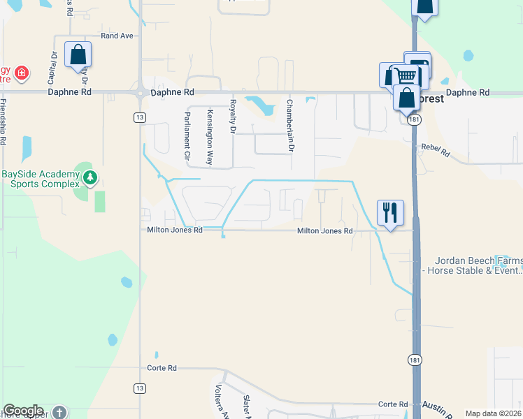 map of restaurants, bars, coffee shops, grocery stores, and more near 9468 Collier Loop in Daphne