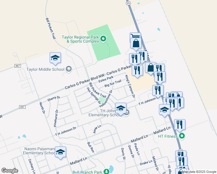 map of restaurants, bars, coffee shops, grocery stores, and more near 615 Glacier Point Trail in Taylor