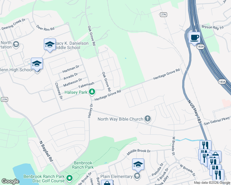 map of restaurants, bars, coffee shops, grocery stores, and more near 1093 Heritage Grove Road in Leander