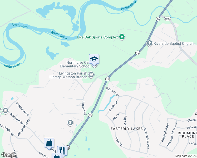 map of restaurants, bars, coffee shops, grocery stores, and more near 36530 Outback Road in Denham Springs