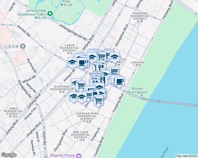 map of restaurants, bars, coffee shops, grocery stores, and more near San Yang Lu in Wu Han Shi
