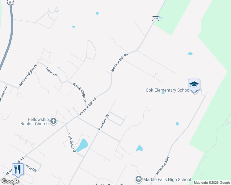 map of restaurants, bars, coffee shops, grocery stores, and more near 3401 Mormon Mill Road in Marble Falls