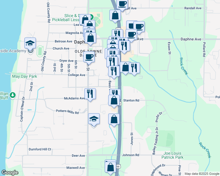map of restaurants, bars, coffee shops, grocery stores, and more near 912 Bass Street in Daphne