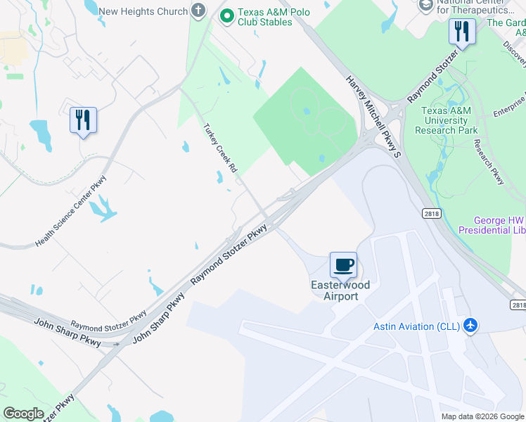 map of restaurants, bars, coffee shops, grocery stores, and more near 10001 Turkey Creek Road in College Station