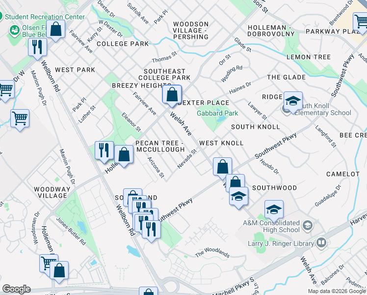 map of restaurants, bars, coffee shops, grocery stores, and more near 1214 Georgia Street in College Station