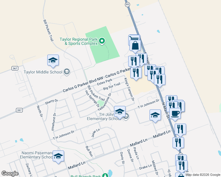 map of restaurants, bars, coffee shops, grocery stores, and more near 608 Big Sur Trail in Taylor