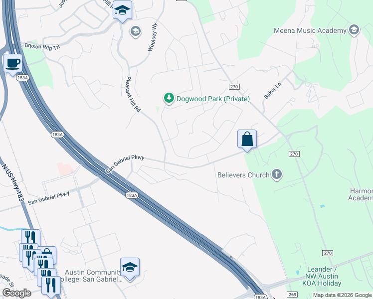 map of restaurants, bars, coffee shops, grocery stores, and more near 1217 Toyah Drive in Leander