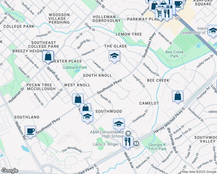 map of restaurants, bars, coffee shops, grocery stores, and more near Southwest Parkway in College Station
