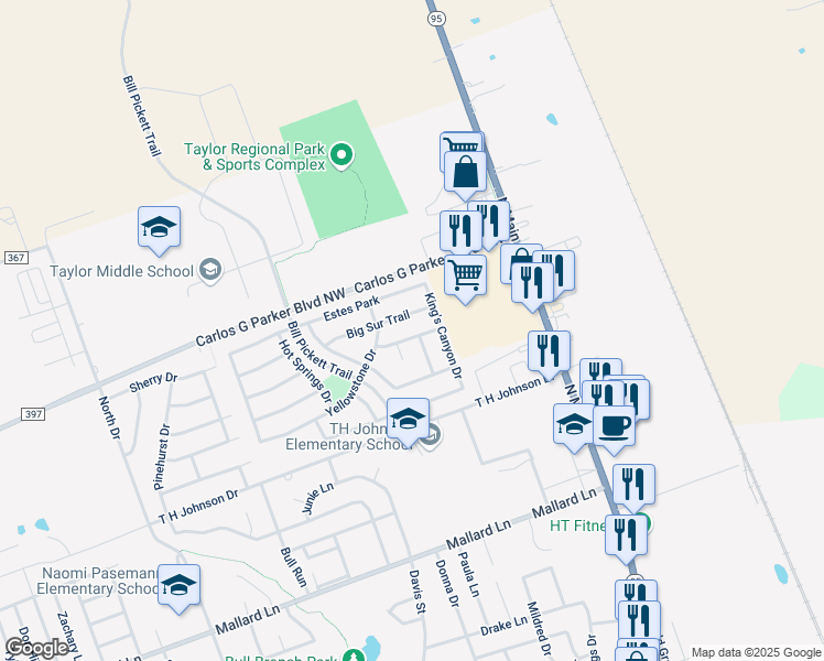 map of restaurants, bars, coffee shops, grocery stores, and more near 506 Big Sur Trail in Taylor
