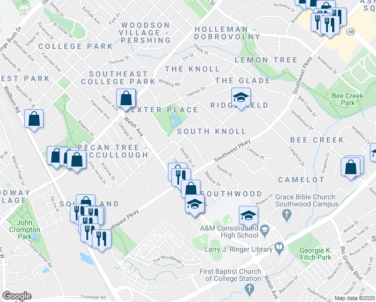 map of restaurants, bars, coffee shops, grocery stores, and more near 1601 Dexter Drive South in College Station