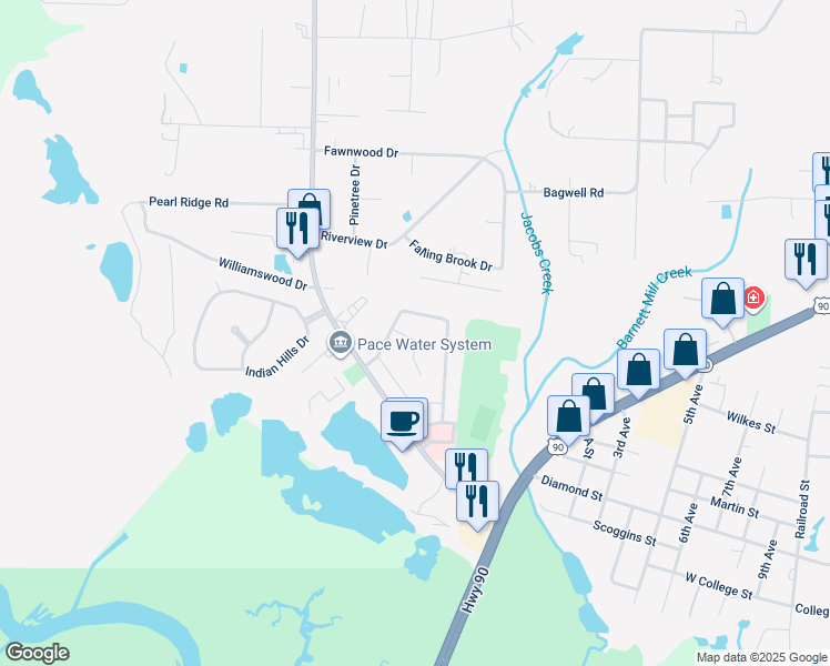 map of restaurants, bars, coffee shops, grocery stores, and more near 4332 Sugar Mill Bend in Pace