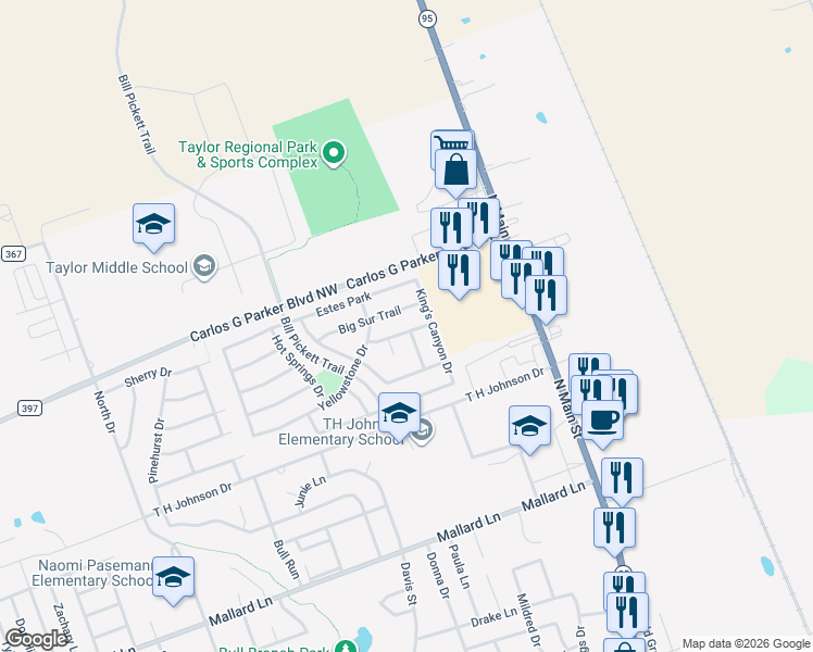map of restaurants, bars, coffee shops, grocery stores, and more near 506 Big Sur Trail in Taylor
